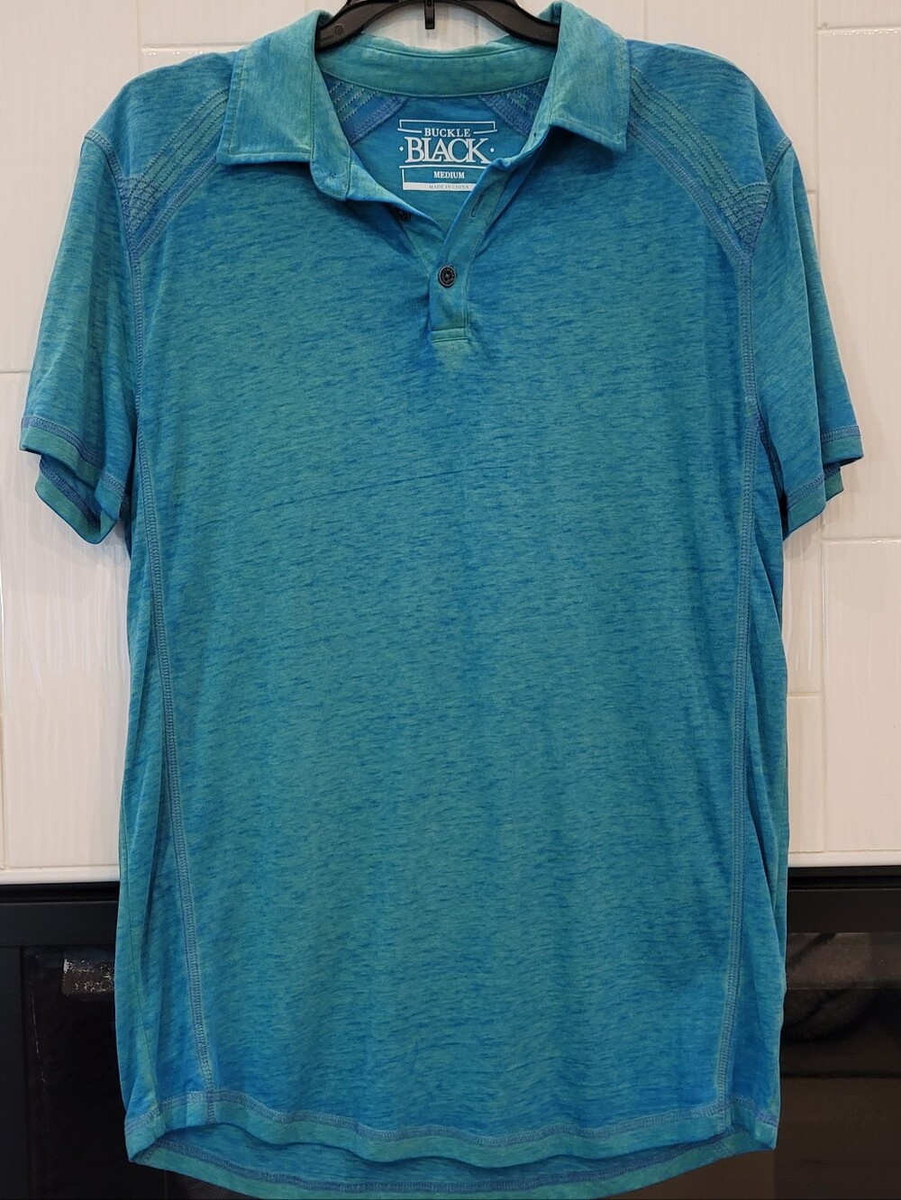 Mens Buckle Black Teal Burnout Polo Shirt – M